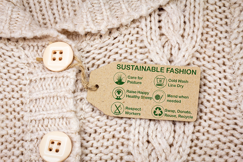 Sustainable fashion label on woollen jumper with care icons and text, ethical consumerism