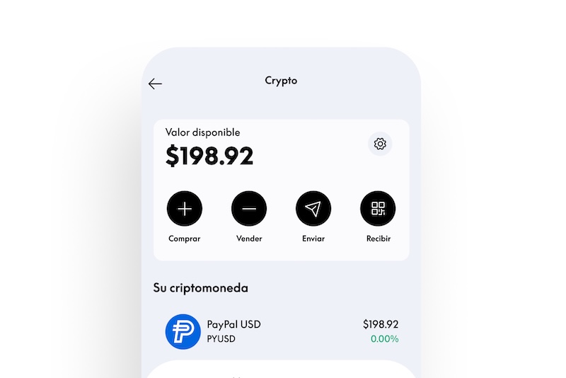An image showing a cellphone screen displaying the crypto section of a PayPal account with words in Spanish.