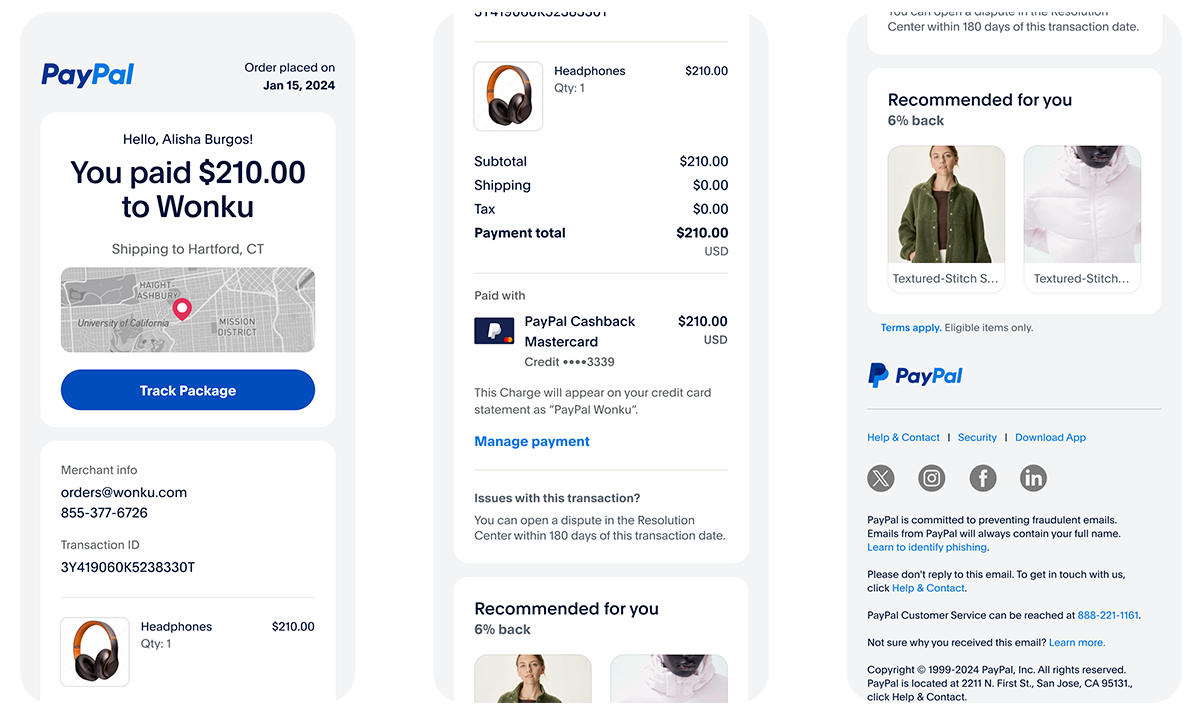 PayPal smart receipt mobile screens